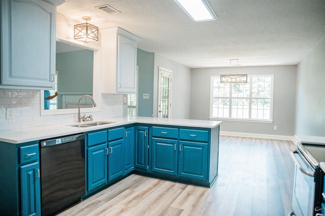 121 Spring Chase Cir, Kathleen, GA 31047 - kitchen featuring dishwasher, electric range oven, a peninsula, blue cabinets, and backsplash