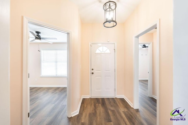 313 Strawbridge Ln, Bonaire, GA 31005 - entryway featuring ceiling fan and dark wood finished floors