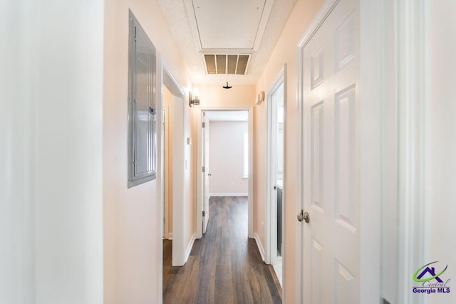 313 Strawbridge Ln, Bonaire, GA 31005 - hallway with attic access and dark wood-style floors