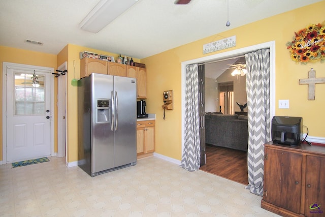 306 Bryson Way, Warner Robins, GA 31088 - kitchen featuring stainless steel refrigerator with ice dispenser, a ceiling fan, light flooring, and light brown cabinets