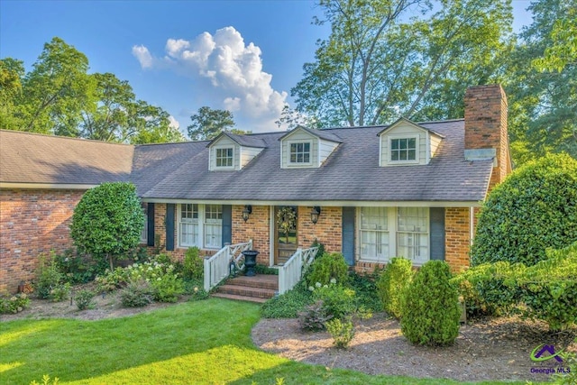 709 Evergreen St, Perry, GA 31069 - cape cod house with brick siding, a chimney, a front lawn, and covered porch