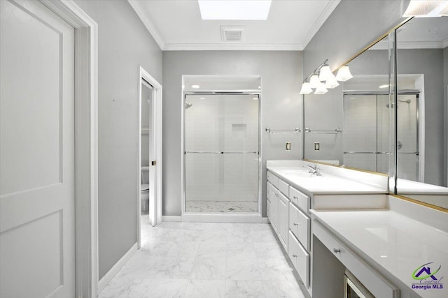 458 Pierce Ave, Macon, GA 31204 - bathroom with marble finish flooring, vanity, a shower stall, and ornamental molding