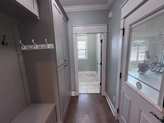 300 Stacy Ln, Warner Robins, GA 31088 - mudroom with crown molding and dark wood-type flooring