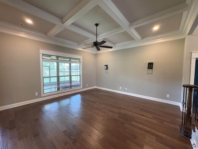300 Stacy Ln, Warner Robins, GA 31088 - empty room with ceiling fan, coffered ceiling, dark wood finished floors, beamed ceiling, and crown molding