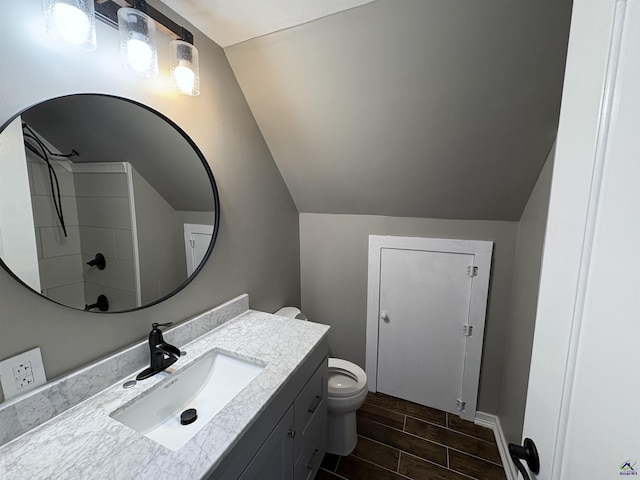 300 Stacy Ln, Warner Robins, GA 31088 - bathroom featuring vanity, vaulted ceiling, wood finished floors, and a shower