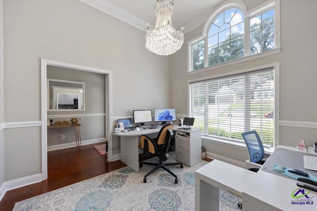 129 Sugarloaf Dr, Macon, GA 31204 - office with a chandelier, a high ceiling, wood finished floors, and crown molding
