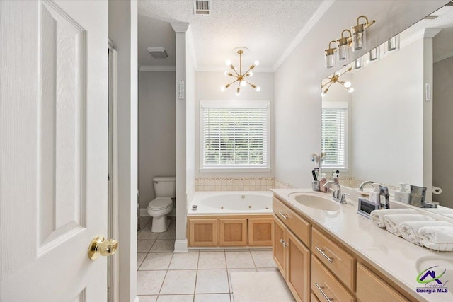 129 Sugarloaf Dr, Macon, GA 31204 - full bathroom with a tub with jets, tile patterned floors, vanity, a chandelier, and ornamental molding