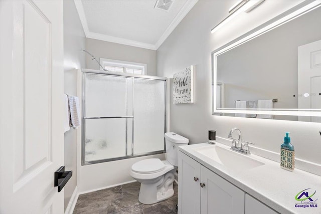 129 Sugarloaf Dr, Macon, GA 31204 - bathroom with ornamental molding, vanity, and combined bath / shower with glass door