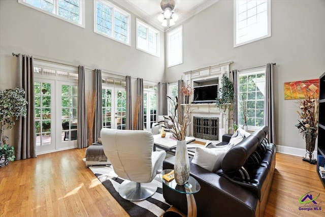 612 Remington Dr, Macon, GA 31210 - living room featuring a towering ceiling, ornamental molding, healthy amount of natural light, wood finished floors, and a glass covered fireplace