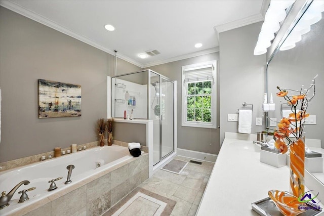 612 Remington Dr, Macon, GA 31210 - bathroom with ornamental molding, a shower stall, a jetted tub, vanity, and recessed lighting