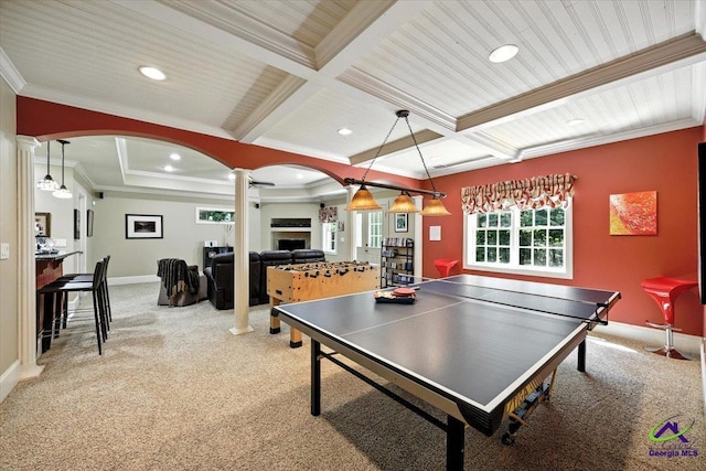 612 Remington Dr, Macon, GA 31210 - playroom featuring ornate columns, carpet, arched walkways, recessed lighting, and ornamental molding