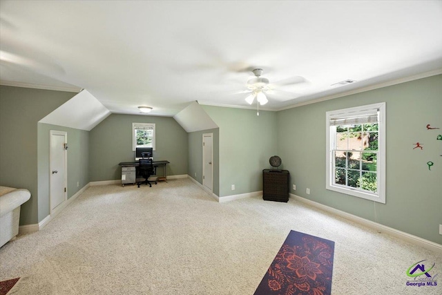 612 Remington Dr, Macon, GA 31210 - office area with ceiling fan, ornamental molding, and carpet floors