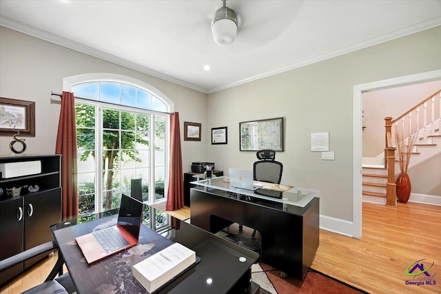 612 Remington Dr, Macon, GA 31210 - home office with light wood-type flooring, ornamental molding, and a ceiling fan
