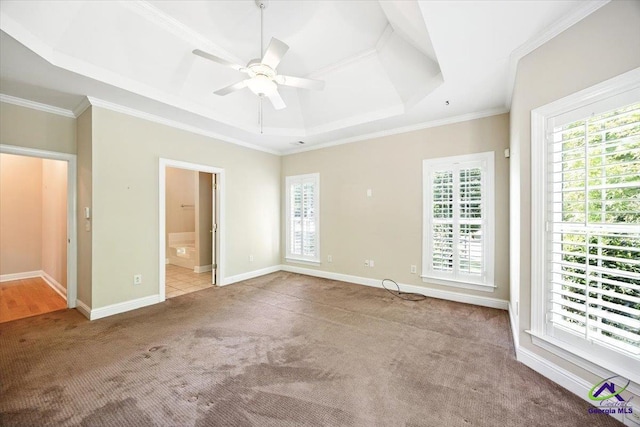 208 W Troon, Macon, GA 31210 - unfurnished bedroom featuring carpet, a raised ceiling, crown molding, connected bathroom, and ceiling fan