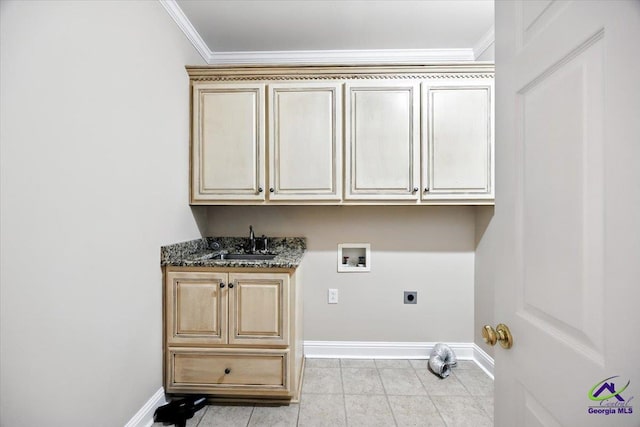208 W Troon, Macon, GA 31210 - laundry room with ornamental molding, hookup for an electric dryer, cabinet space, hookup for a washing machine, and light tile patterned floors