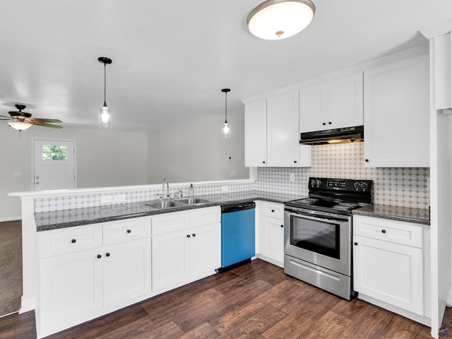 539 Levi Barnes Rd, Jackson, GA 30233 - kitchen with electric stove, dishwasher, a peninsula, under cabinet range hood, and a ceiling fan