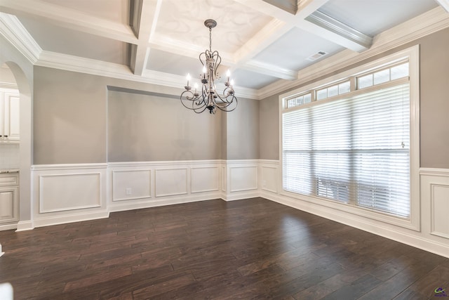 301 Vinings Place Dr, Warner Robins, GA 31088 - unfurnished dining area with coffered ceiling, a chandelier, beam ceiling, arched walkways, and dark wood-type flooring