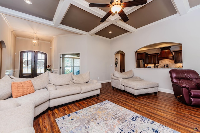 240 Woodlands Blvd, Kathleen, GA 31047 - living area featuring arched walkways, dark wood-style flooring, coffered ceiling, ornamental molding, and ceiling fan