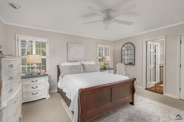 4871 Oxford Rd, Macon, GA 31210 - bedroom with light carpet, crown molding, a ceiling fan, and ensuite bath