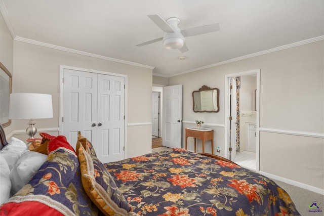 4871 Oxford Rd, Macon, GA 31210 - bedroom with ornamental molding, a ceiling fan, carpet, a closet, and connected bathroom