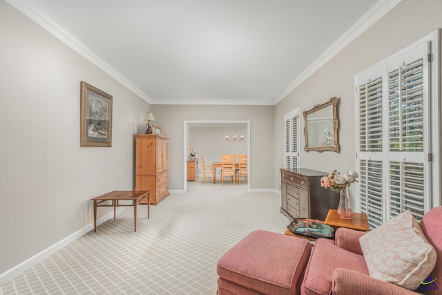 4871 Oxford Rd, Macon, GA 31210 - living area with a chandelier, light colored carpet, and crown molding