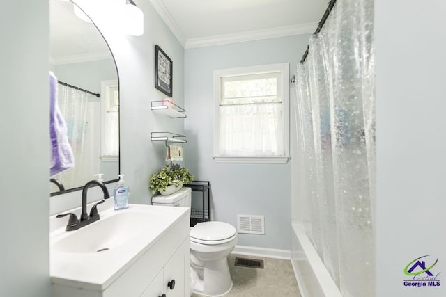 2740 Riverview Rd, Macon, GA 31204 - bathroom featuring ornamental molding, vanity, and shower / bathtub combination with curtain
