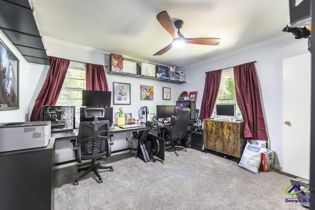2740 Riverview Rd, Macon, GA 31204 - home office with carpet floors, ornamental molding, and a ceiling fan