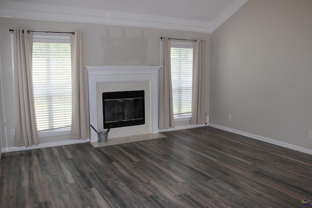 125 Buckskin Trl, Byron, GA 31008 - unfurnished living room with dark wood-style floors, ornamental molding, and a fireplace with flush hearth