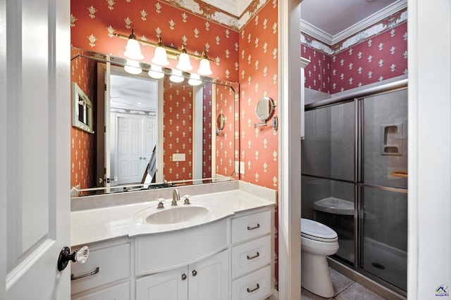 228 Lagrange Ct, Macon, GA 31210 - full bathroom with wallpapered walls, vanity, a shower stall, ornamental molding, and tile patterned flooring