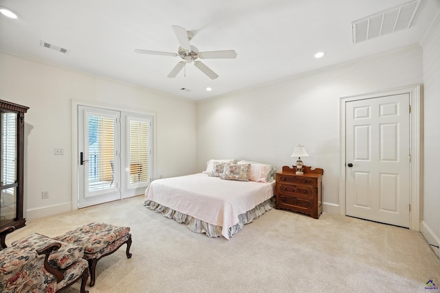 228 Lagrange Ct, Macon, GA 31210 - carpeted bedroom featuring access to outside, crown molding, recessed lighting, and a ceiling fan