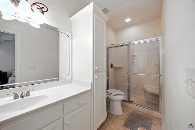 228 Lagrange Ct, Macon, GA 31210 - full bathroom with a stall shower, vanity, tile patterned flooring, ensuite bath, and crown molding