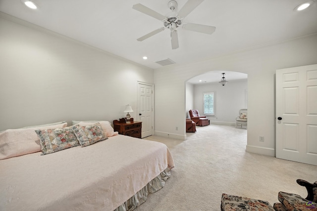 228 Lagrange Ct, Macon, GA 31210 - bedroom with arched walkways, recessed lighting, light carpet, ornamental molding, and a ceiling fan