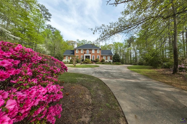 228 Lagrange Ct, Macon, GA 31210 - view of front of property featuring curved driveway, a front yard, and a chimney