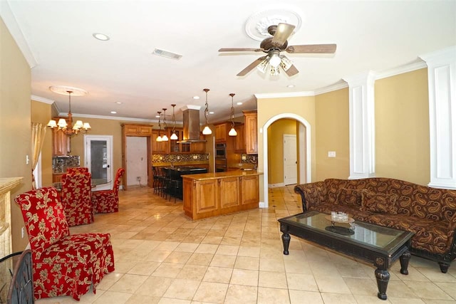 living room with crown molding, light tile flooring, and ceiling fan with notable chandelier