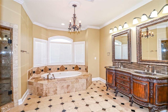 bathroom featuring tile floors, plenty of natural light, a chandelier, and dual bowl vanity