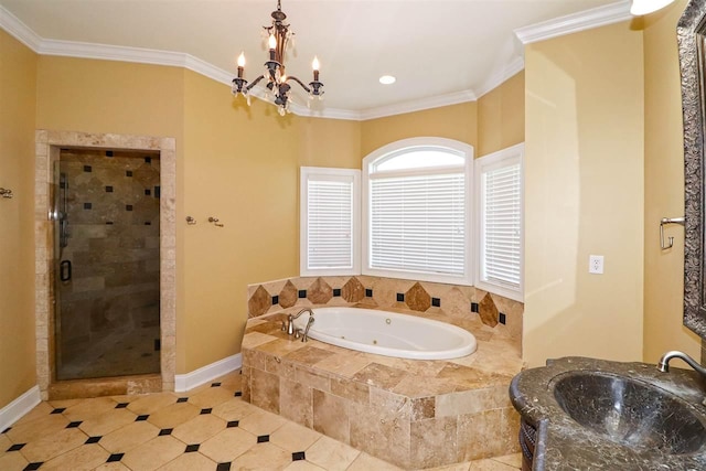 bathroom with crown molding, independent shower and bath, a chandelier, and tile flooring