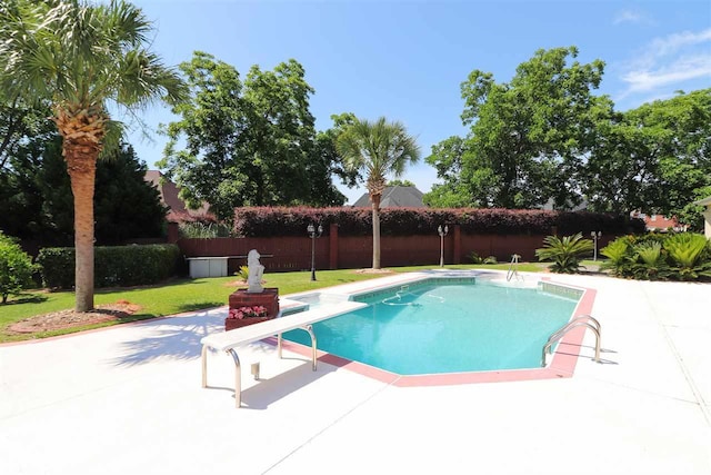 view of pool with a patio, a diving board, and a yard