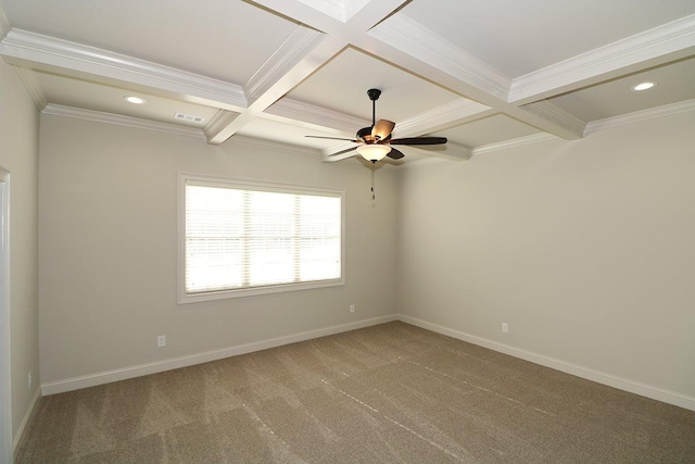 carpeted empty room with coffered ceiling, ceiling fan, and beam ceiling