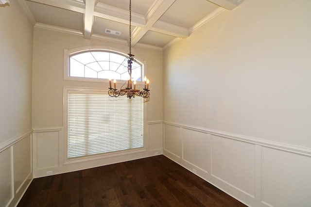 interior space featuring coffered ceiling, an inviting chandelier, dark wood-type flooring, and beam ceiling