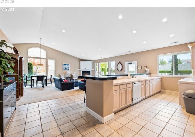 1705 SE 111th Ct, Vancouver, WA 98664 - kitchen with recessed lighting, dishwasher, light brown cabinets, light carpet, and light tile patterned floors