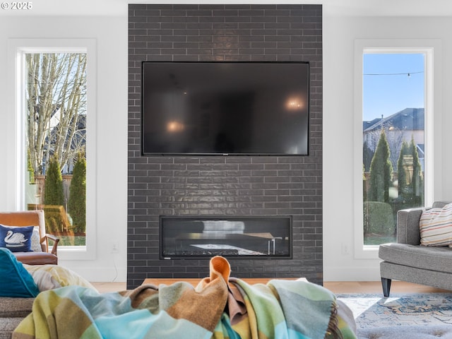 living room with hardwood / wood-style flooring and a fireplace