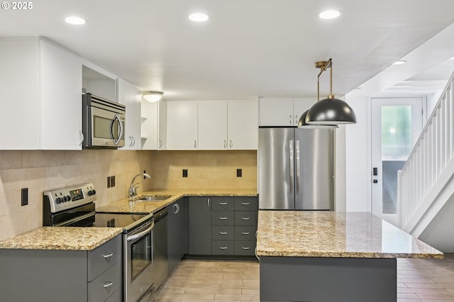 668 Mcvey Ave Unit 83, Lake Oswego, OR 97034 - kitchen featuring stainless steel appliances, gray cabinets, open shelves, white cabinetry, and recessed lighting