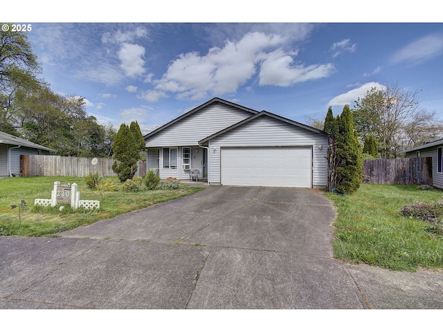 ranch-style home featuring a garage, a front lawn, fence, and concrete driveway
