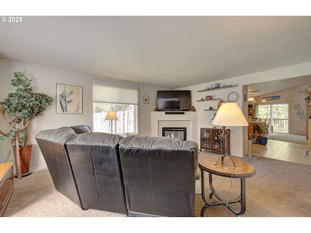 carpeted living room with a glass covered fireplace