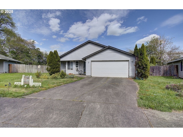 ranch-style home with an attached garage, a front lawn, fence, and concrete driveway