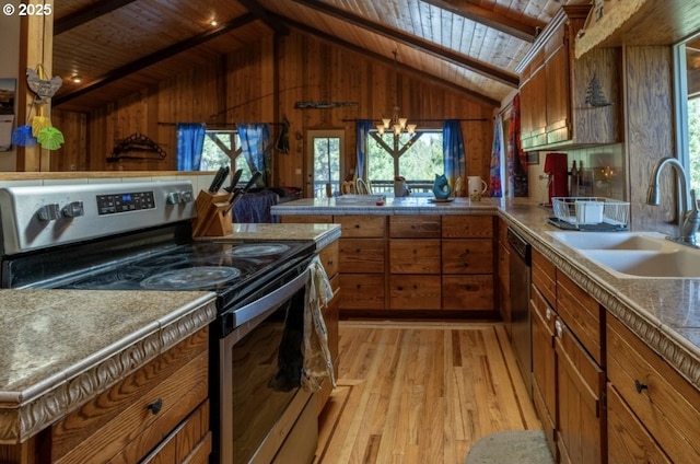 62482 Canyon Creek Ln, Canyon City, OR 97820 - kitchen with appliances with stainless steel finishes, a sink, wood ceiling, light wood-style flooring, and brown cabinetry