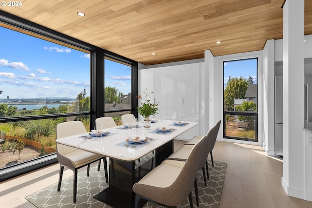 sunroom featuring wooden ceiling and a water view