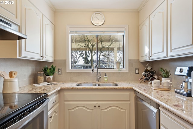 kitchen with a sink, decorative backsplash, appliances with stainless steel finishes, under cabinet range hood, and crown molding