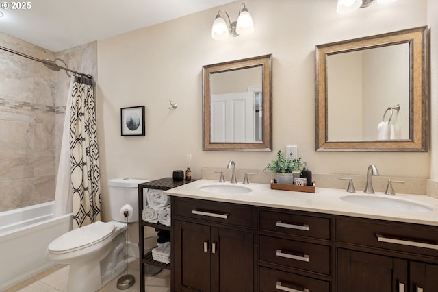 bathroom with double vanity, toilet, shower / tub combo, and a sink