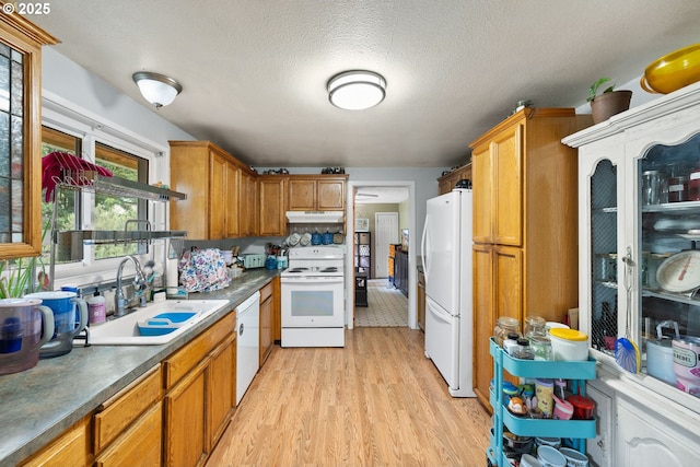 3712 NE 60th Ave, Vancouver, WA 98661 - kitchen with white appliances, light wood-style flooring, under cabinet range hood, a textured ceiling, and brown cabinets